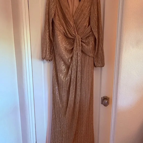 Adrianna Papell Shimmering Gold Long Sleeve Stunning Formal Dress - Picture 5 of 9